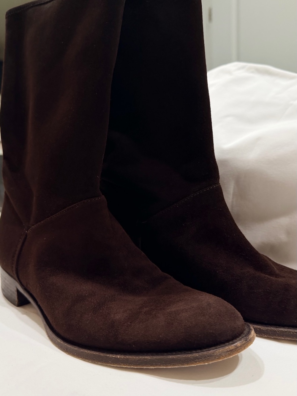 Loro Piana Dark Brown Suede Mid-Calf Pull On Boots.